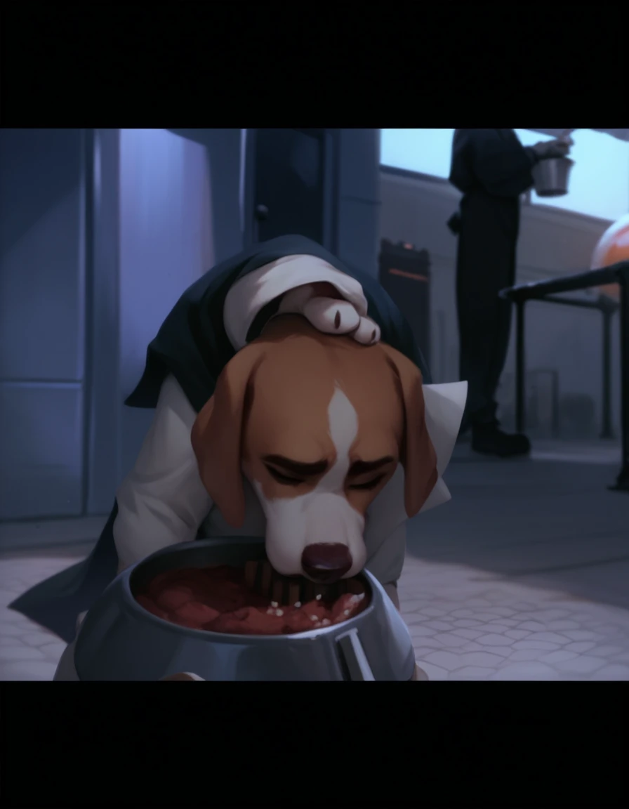 score_9, score_8_up, score_7_up, score_6_up, anthropomorphic, furry, beagle, wearing a airport security dog sheet (dog cape shaped), eating meat chops, metal feeding bowl, feeding head down