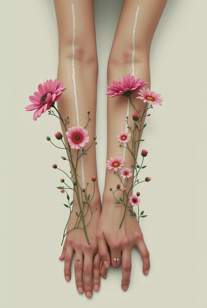 One hand draws on the picture, personal perspective, there are flowers spreading out in the hand, wrapped around the pen, becoming a scaffold for the growth of flowers,