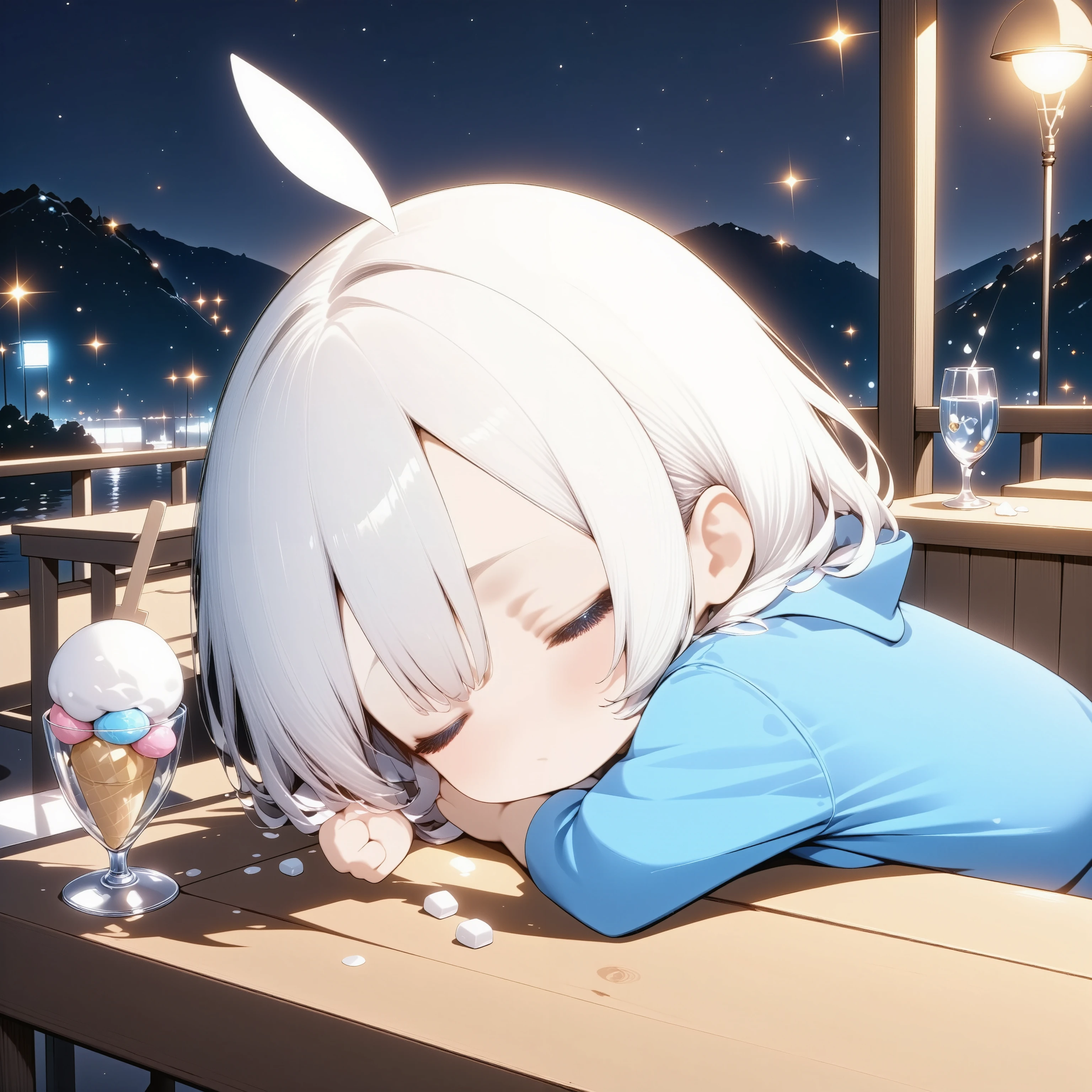 1girl\(chibi,trk,expressioness, resting her head on a wooden table, holding a ice cream cone in one hand and an glass in the other hand, spilled ice cubes and water drops on the table, messy posture\), background\(Lively night cityscape, bright light from street lamps \),humorous and casual atmosphere, flat illustration style, pastel tone, high-quality, detailed