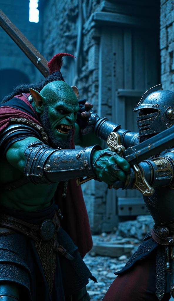 Cinematic shot, Orc fighter, with a fierce expression, sharp facial features, and a distinctive underbite, wearing a helmet with a nose guard, and a cape flowing behind him, with a clasp shaped like a snarling beast, clashing swords with a medieval knight, with a determined look, wearing a suit of armor with a golden trim, and a red plume on his helmet, which is slightly battered and dented, cold cinematic lighting with a blue tint, dark and ominous atmosphere, ruined castle background, with stone walls, broken windows, and a large wooden gate, hanging crookedly from its hinges, Nikon D850, 8k, high quality, bokeh