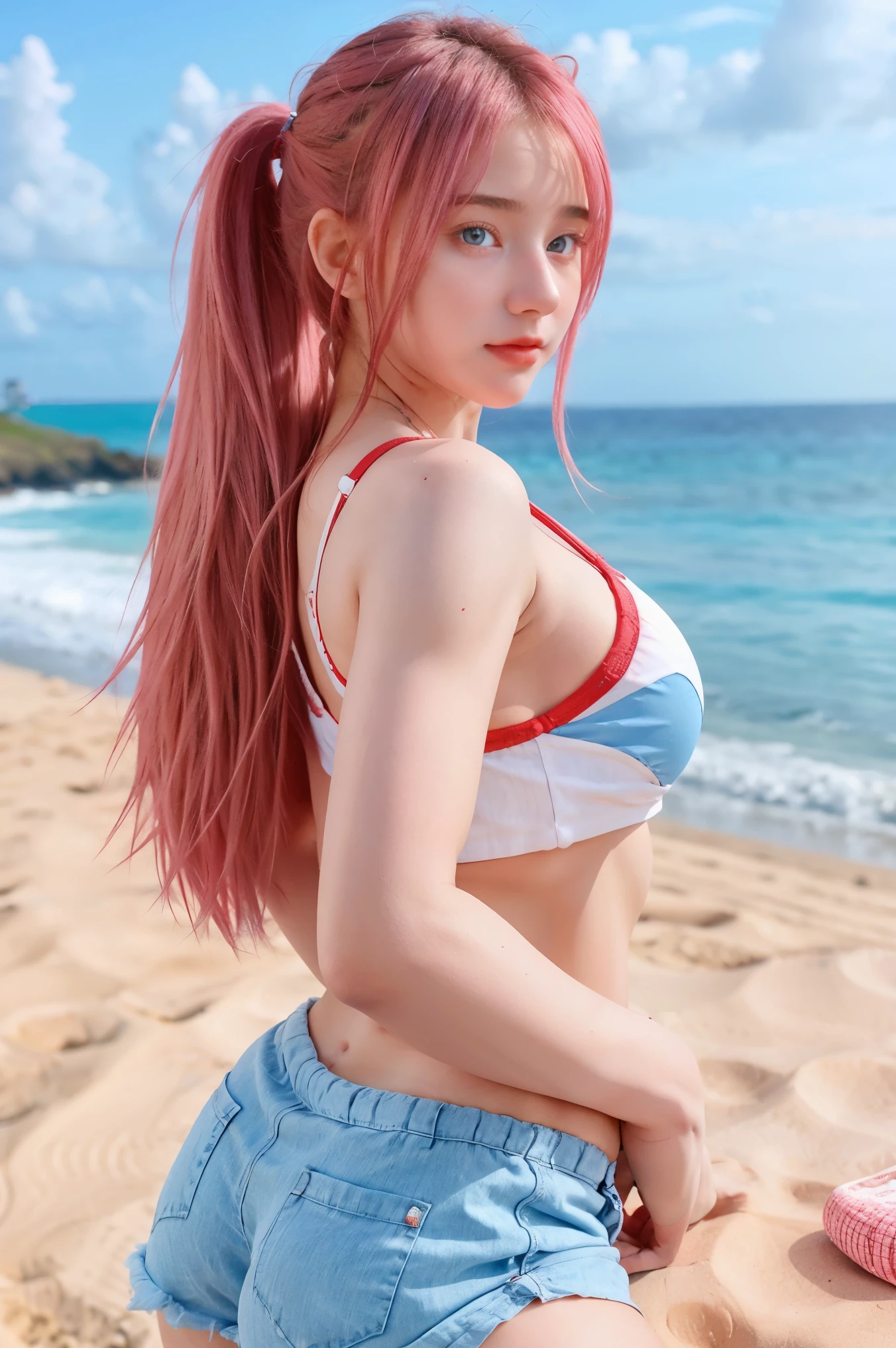 1girl, pink hair, blunt bangs, bangs, long hair, wet hair, makeup, light smile, parted lips, bright pupils, first-person view, wide shot, from behind, sideways, f/1.8, 135mm, Canon, UHD, retina, masterpiece, ccurate, anatomically correct, textured skin, super detail, high details, high quality, best quality, highres, 1080P, HD, 4K, 8k