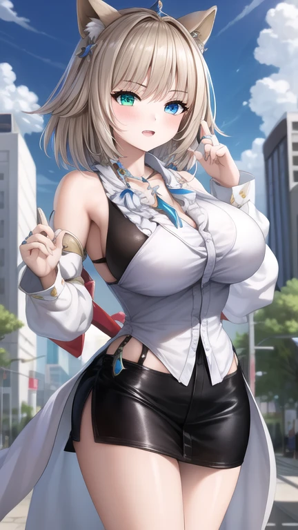 best quality,masterpiece,8k wallpaper,absurdres, highres, ultra detailed, (1 young beautiful girl, solo:1.1), yuna (ff10),heterochromia, green eyes,  brown hair, short hair, blue eyes, jewelry, ring,,hand between legs,cityscape, skyscraper,east_asian_architecture, street,BREAK, large breasts, cosplay as Crown from NIKKE, Dress as Crown from Nikke