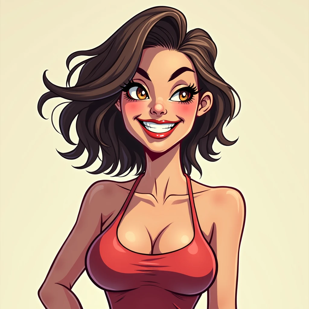 best quality, glossy, 4k, ((artwork)), extremely detailed, 8k, beautiful, MILF, hot woman, short black hair, red shirt, cleavage, big breasts, full lips, grey iris, smile, one hand on the waist, no background, simple art, no earrings, thin waist