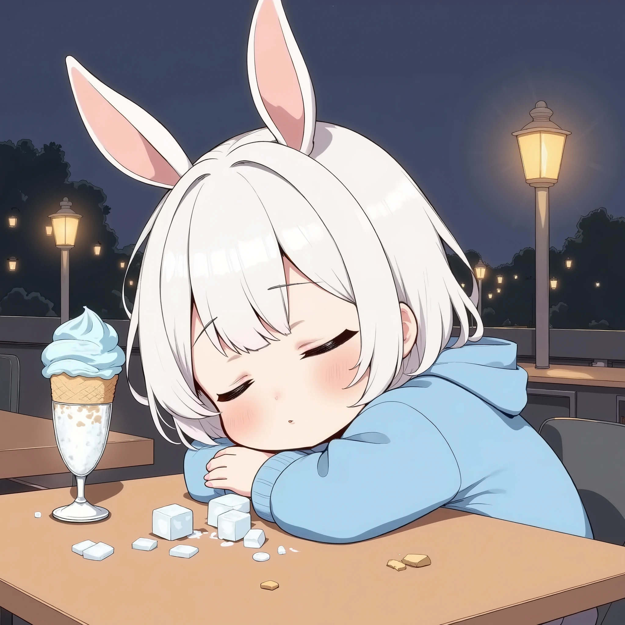 1girl\(chibi,trk,expressioness, resting her head on a wooden table, holding a ice cream cone in one hand and an glass in the other hand, spilled ice cubes and water drops on the table, messy posture\), background\(Lively night cityscape, bright light from street lamps \),humorous and casual atmosphere, flat illustration style, pastel tone, high-quality, detailed