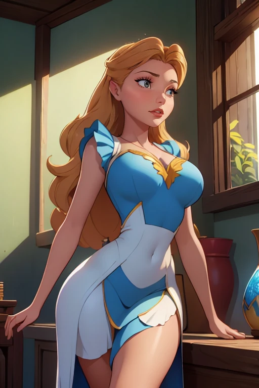 Cinderella , big , garter belt, deep cleavage, long blue gown slit on the side showing her thighs, standing on a castle hall, blonde hair, Disney