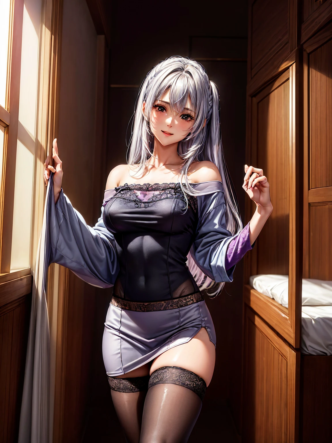from behind,highres,(best quality),incredibly detailed,natural lighting,kitchen,1girl,sexy pose,(highly detailed face),looking over shoulder,purple eyes,sidelocks,silver hair,long ponytail,standing,long shirt,see-through,medium breasts,perky breasts,covered,,(black and purple lace panties)