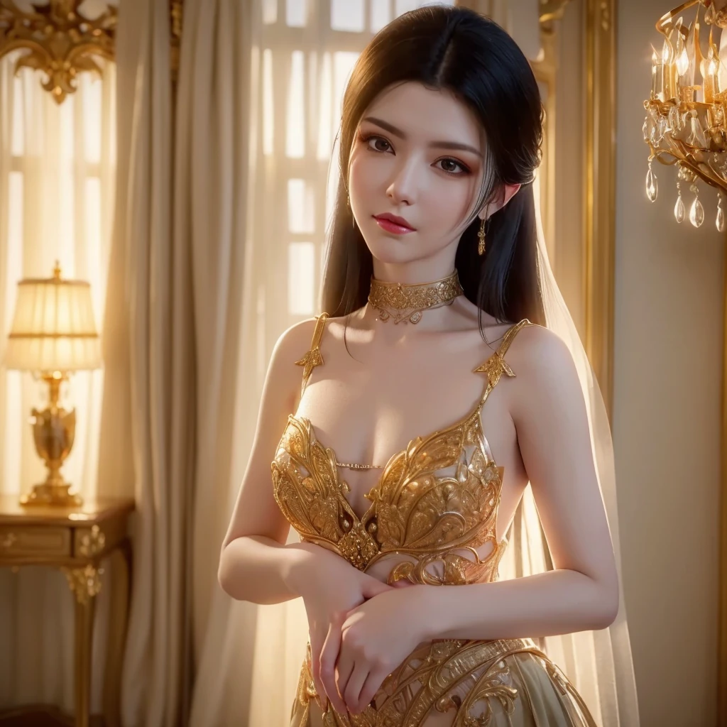 full body view, masterpiece, best quality, (((intricate details))), Portrait of a beautiful woman with serene expression, long dark hair, bright eyes, elegantly dressed, Soft backgrounds and warm colors