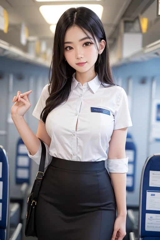 (((smile)))、((( Hides Your Naked Breasts with Your Hands )))、(((Open the shirt)))、8k,  top quality, Intricate   Detailss, 超 Details,  ultra high definition, Masterpiece, smile, (Fluffy brown eyes),  1 Woman , Alone, 40 years, ( full stewardess uniform:1.4),  is standing, (( beautiful faces)), ( Short Black Hair ), (  Details face),   Detailsな唇,   Details face,   Detailsな胸,  big, plump chest,   Details,  perfect body, (  Details legs),  COWBOY SHOOTING , (background: on board),(( satin long skirt ))