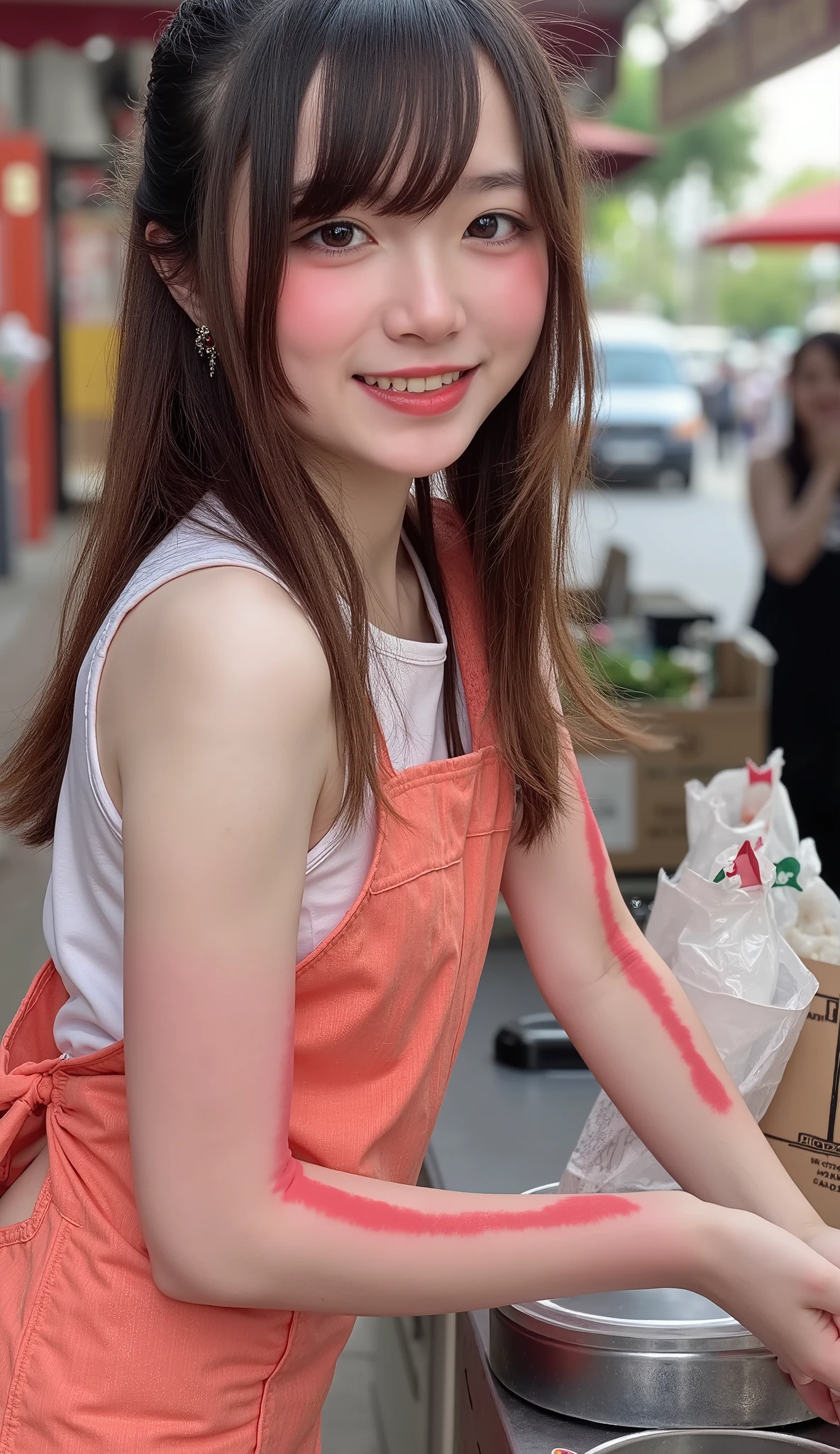 Thai street food stalls、 Takeout with Bags 、 smiling girl、Bustling Neighborhood 、 Busy Food Street、Morning Scenery、