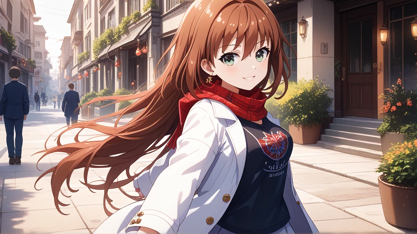 (masterpiece, best quality), highly detailed background, perfect lighting, best quality, batogamisaki, solo, looking at viewer, looking back, smile, brown hair, hair between eyes, straight hair, very long hair, green eyes, medium breasts, white coat, long sleeves, open coat, black shirt, t-shirt, print shirt, red scarf, white skirt, pleated skirt, v arms, outdoors, houses, sidewalk, night