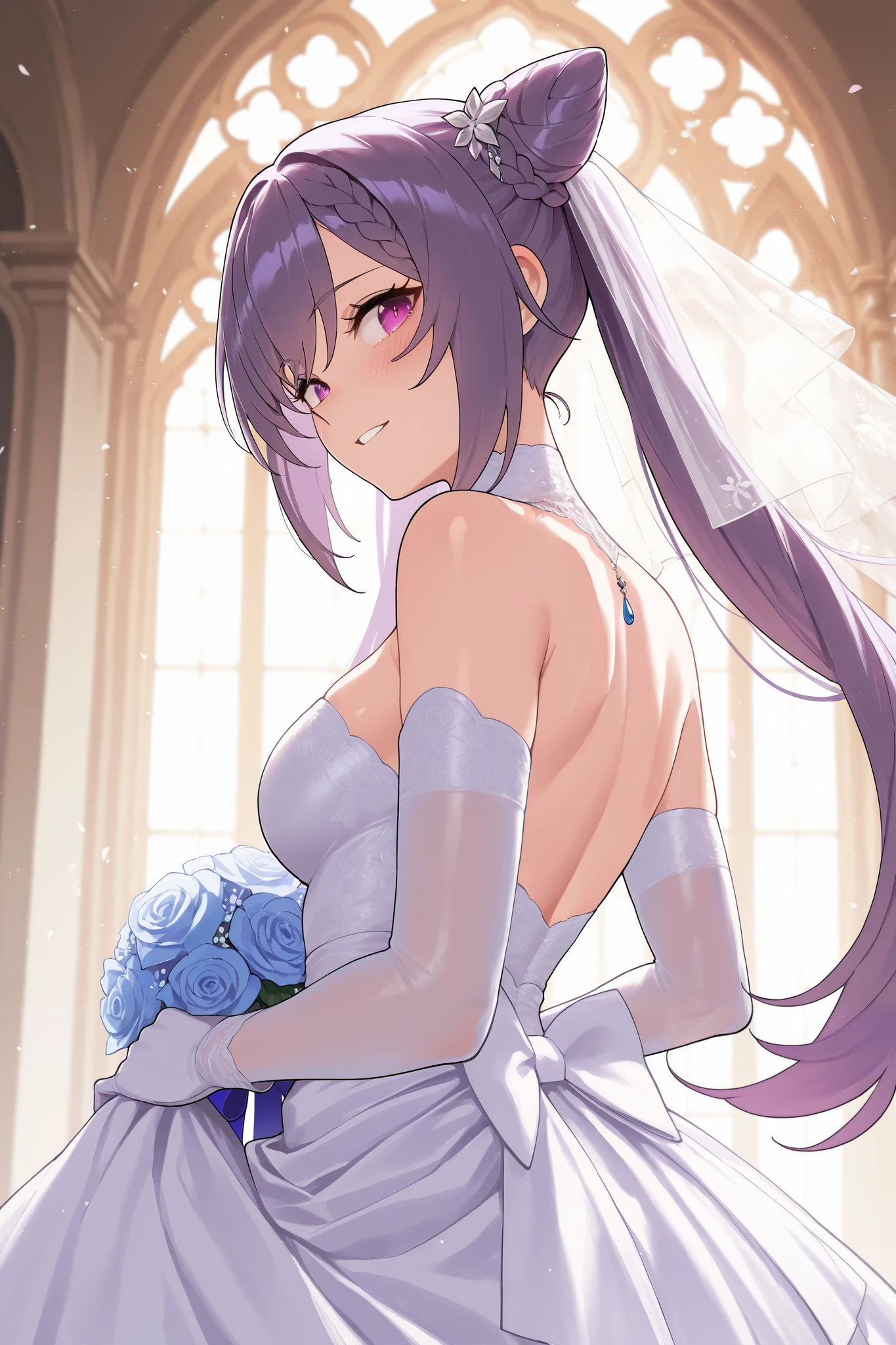 NSFW,masterpiece, top quality, high definition, very detailed,Keqing、 braids、コーンHair Bun、Hair Bun、 hair ornament、 Long Hair 、 purple eyes、 purple hair, wedding dress,church