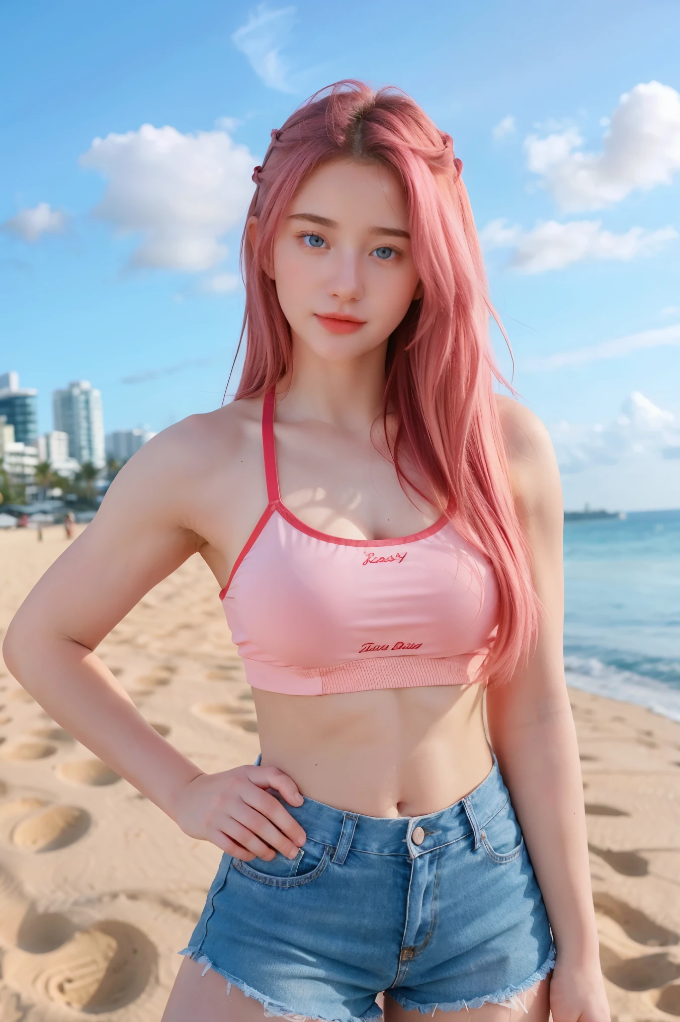 Perfect Style, Beautiful Face, Highly detailed face and skin texture, (Maximum resolution: 1.2), 1 female, alone, Hip Up, jewelry, tattoo, Streetwear, Sports Bra, Pink Hair, Shorts, sports boots, (((Narrow waist))), ((Big Breasts))