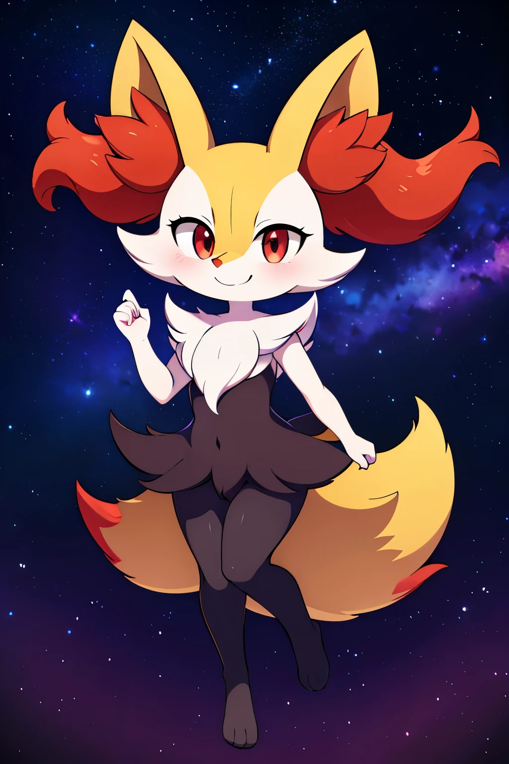 real e621, photorealistic, masterpiece, Braixen_(pokemon), looking at viewer, sharp red eyes, full body portrait, sweet smile, humanoid furry body, sexy, sexy pose, full body, female charm, smiling, nigh sky, brilliant stars and cosmos, dark blu night sky