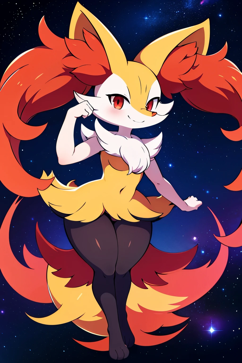 real e621, photorealistic, masterpiece, Braixen_(pokemon), looking at viewer, sharp red eyes, full body portrait, sweet smile, humanoid furry body, sexy, sexy pose, full body, female charm, smiling, nigh sky, brilliant stars and cosmos, dark blu night sky