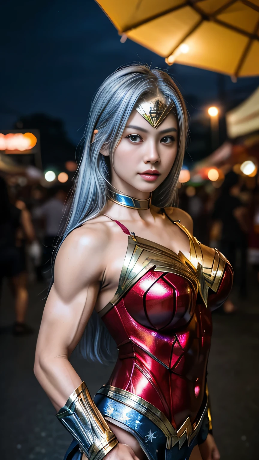 1 Girl, Beautiful, Indonesian Baby Face, 20 Years Old, White Skin, Posing, ((muscles:1.3)), Colossal Breast, Shiny Red-Gold Realistic Wonder Woman Mecha Outfit, Blue Eyes, Night Market Outdoor, Silver Hair, HDR, 8k, Marterpiece, Extremely Realistic Detailed, Extreme Lighting, Extremely Best of Photography