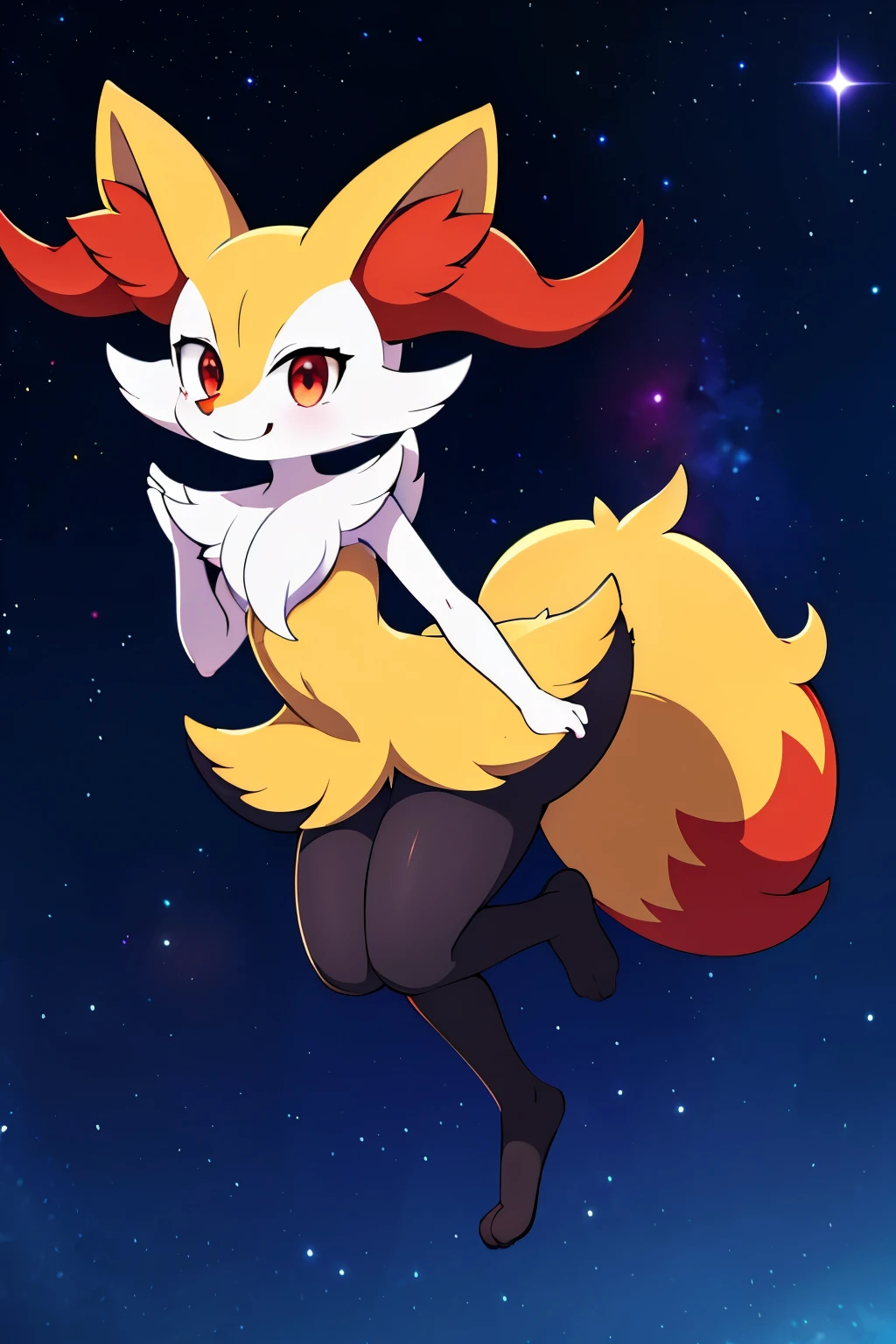 real e621, photorealistic, masterpiece, Braixen_(pokemon), looking at viewer, sharp red eyes, full body portrait, sweet smile, humanoid furry body, sexy, sexy pose, full body, female charm, smiling, nigh sky, brilliant stars and cosmos, dark blu night sky