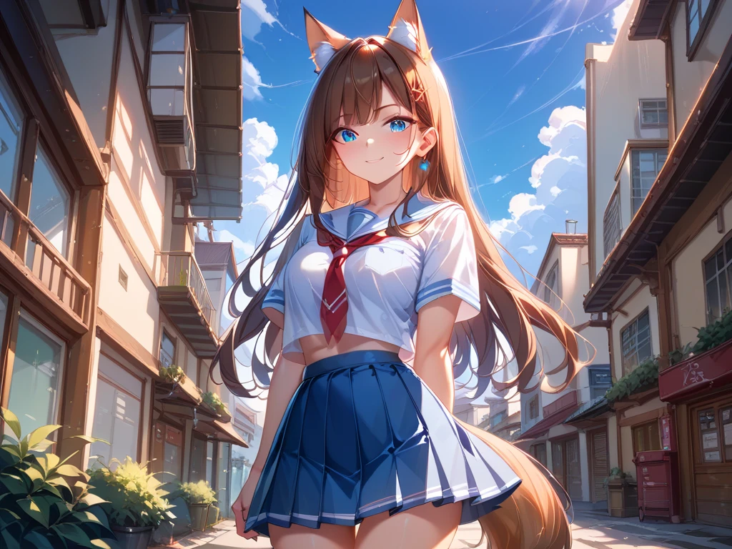  1 girl、 school uniform、 miniskirt 、 long hair、 blue eyes、 brown hair、Fox Ears、Tail、City、 fantastic sky 、 top quality