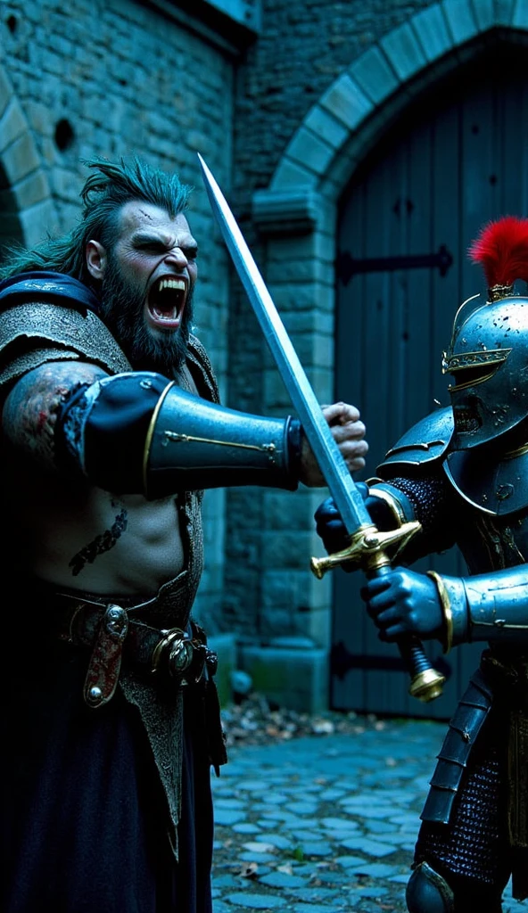 Cinematic shot, Orc fighter, with a fierce expression, sharp facial features, and a distinctive underbite, wearing a helmet with a nose guard, and a cape flowing behind him, with a clasp shaped like a snarling beast, clashing swords with a medieval knight, with a determined look, wearing a suit of armor with a golden trim, and a red plume on his helmet, which is slightly battered and dented, cold cinematic lighting with a blue tint, dark and ominous atmosphere, ruined castle background, with stone walls, broken windows, and a large wooden gate, hanging crookedly from its hinges, Nikon D850, 8k, high quality, bokeh