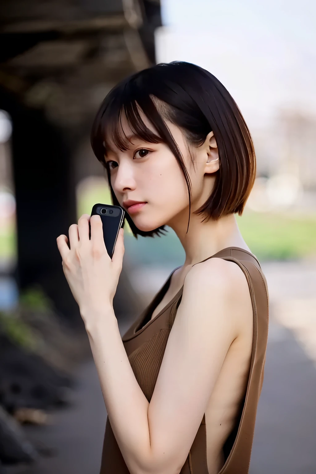 ( Masterpiece , top quality, perfect anatomy , highres icon, 8k, realistic , photo realistic , natural skin texture, no makeup in the coal mine:1.2), Full body portrait of a Japanese girl stopping and holding a smartphone in her hand , Her age is 20, very cute , ( very big breasts and perfect style ), (I'm wearing earth-colored fall clothes:1.2), ( miniskirt:1.5), (I have a smart phone in my hand), (at Tokyo), ( Watch Viewers:1.2), side shot, natural light, erogao , jp idol, tanukigao, (long shot:1.5)