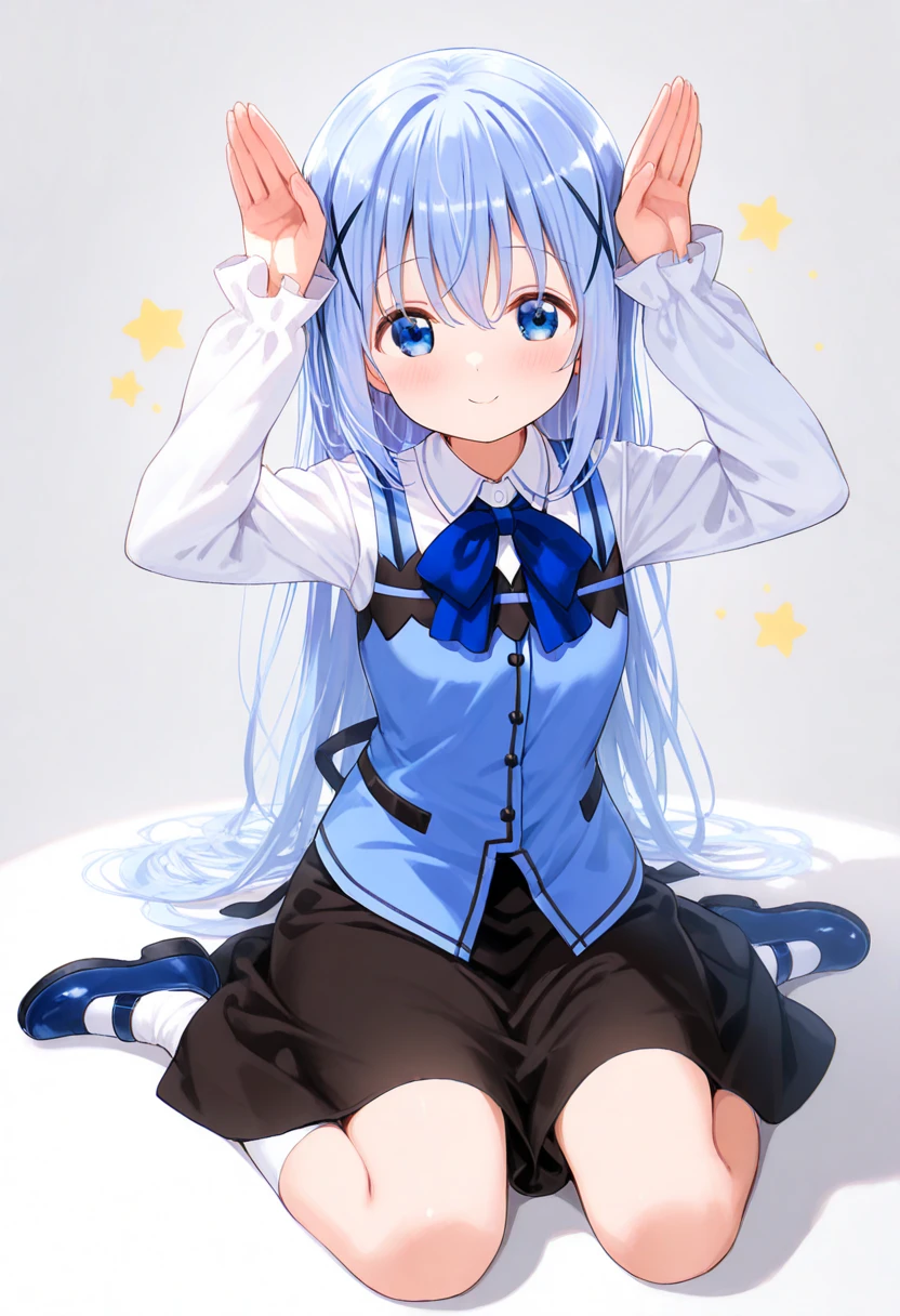 kafuu chino \(gochuumon wa usagi desu ka?\), 1girl, blue eyes, long hair, blue hair, hair between eyes, blush, hand between legs, light blue hair, very long hair, wing collar, skirt, (arms up, rabbit pose:1.1), shirt, hair ornament, collared shirt, socks, vest, long sleeves, shoes, star (symbol), sleeves past wrists, waitress, bowtie, dress shirt, sitting, looking at viewer, wariza, bow, solo, shadow, full body, white background, rabbit house uniform, blue footwear, black skirt, white shirt, smile, x hair ornament, closed mouth, blue vest, blue bow, white socks, between legs, blue bowtie
