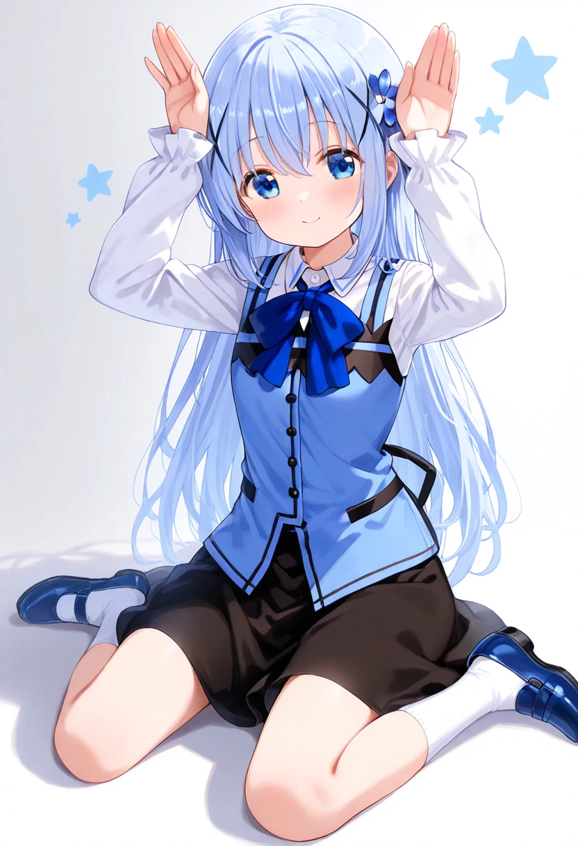 kafuu chino \(gochuumon wa usagi desu ka?\), 1girl, blue eyes, long hair, blue hair, hair between eyes, blush, hand between legs, light blue hair, very long hair, wing collar, skirt, (arms up, rabbit pose:1.1), shirt, hair ornament, collared shirt, socks, vest, long sleeves, shoes, star (symbol), sleeves past wrists, waitress, bowtie, dress shirt, sitting, looking at viewer, wariza, bow, solo, shadow, full body, white background, rabbit house uniform, blue footwear, black skirt, white shirt, smile, x hair ornament, closed mouth, blue vest, blue bow, white socks, between legs, blue bowtie
