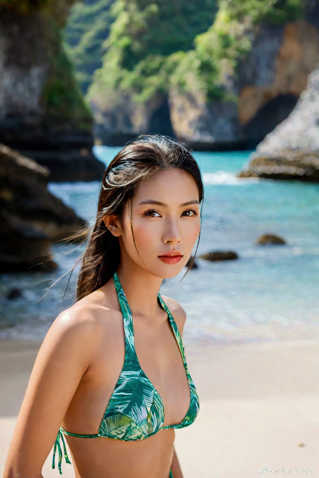 Half-body attractive portrait, Nikon D850, 1 1 1.6 Lenses, 200mm, Digital SLR, 22 megapixels, (((Picturesque bay scenery))), Shot of a beautiful 19-year-old Korean girl, (smile:1.4), (Multicolored satin wrap dress with tie belt:1.6), ((Seductive pose)), Hot Girls, (((large natural breasts))), (((Black Fringe Hair))), (Little Girl), Symmetrical face, Realistic, photograph, (Bright natural light), nice, Deep valley, (masterpiece), Highest quality, High resolution, Very detailed, Cinema Lighting, (((Very small waist))), Rich colors, Ultra-realistic, Realistic texture, ((jewelry)), (((She has beautiful hands、Wearing a ring))), (bracelet), (necklace), (Ankle Chain), (Manicure) (Earrings), Fuji Superia 200, 8k