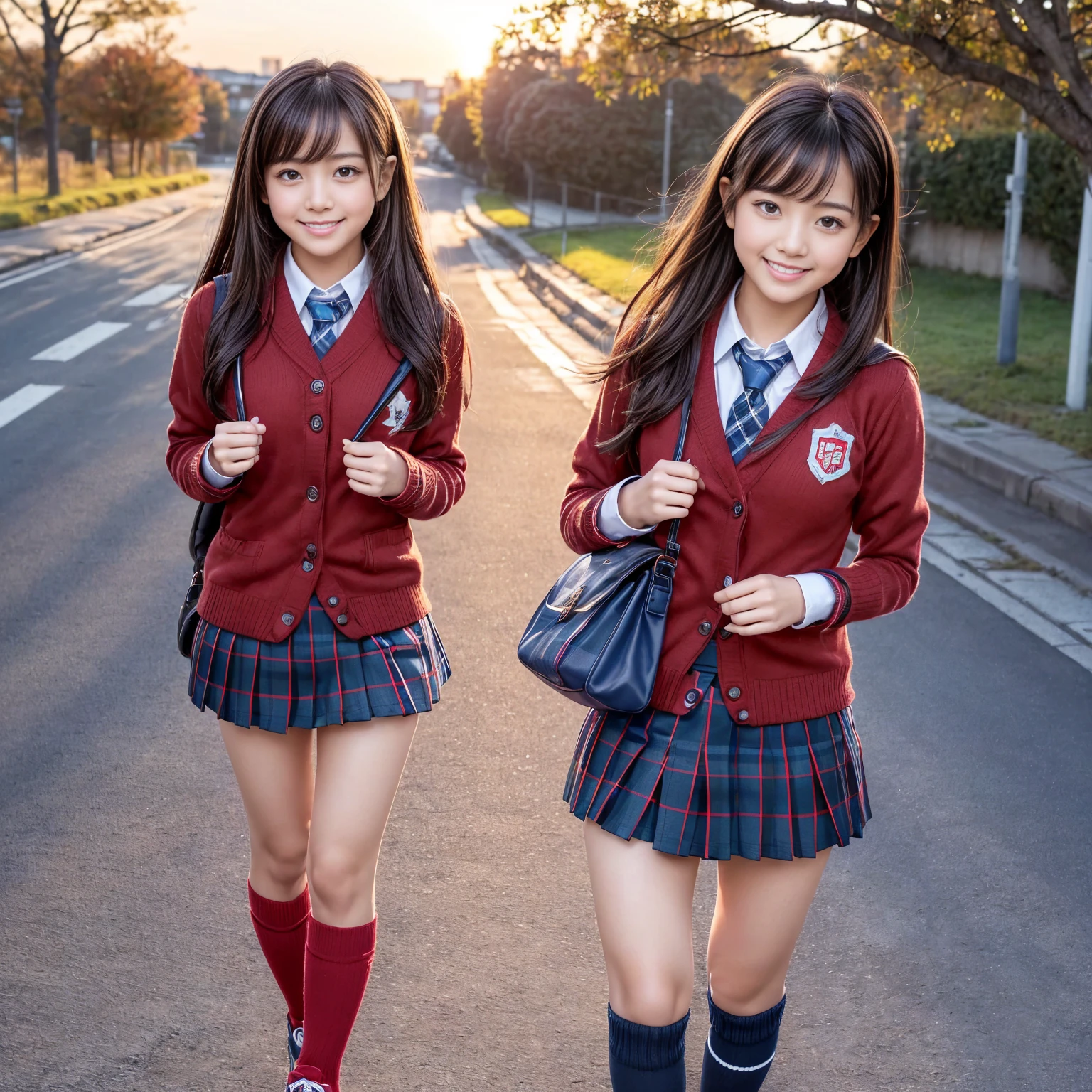 Two beautiful girls、Blazer School Uniform、A dark-haired、straight haired、Long、The other one has a short bob、schools、early evening、years、Plaid knee-length long skirt、lowfers、