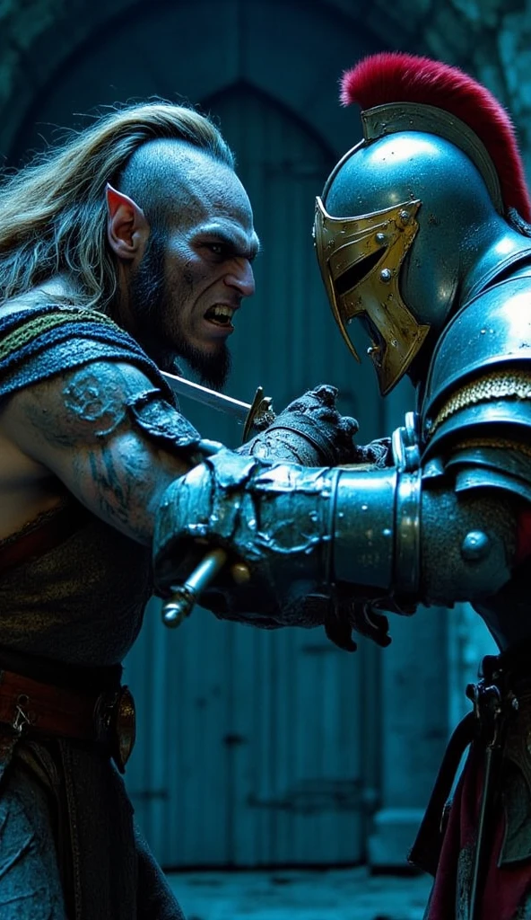 Cinematic shot, Orc fighter, with a fierce expression, sharp facial features, and a distinctive underbite, wearing a helmet with a nose guard, and a cape flowing behind him, with a clasp shaped like a snarling beast, clashing swords with a medieval knight, with a determined look, wearing a suit of armor with a golden trim, and a red plume on his helmet, which is slightly battered and dented, cold cinematic lighting with a blue tint, dark and ominous atmosphere, ruined castle background, with stone walls, broken windows, and a large wooden gate, hanging crookedly from its hinges, Nikon D850, 8k, high quality, bokeh
