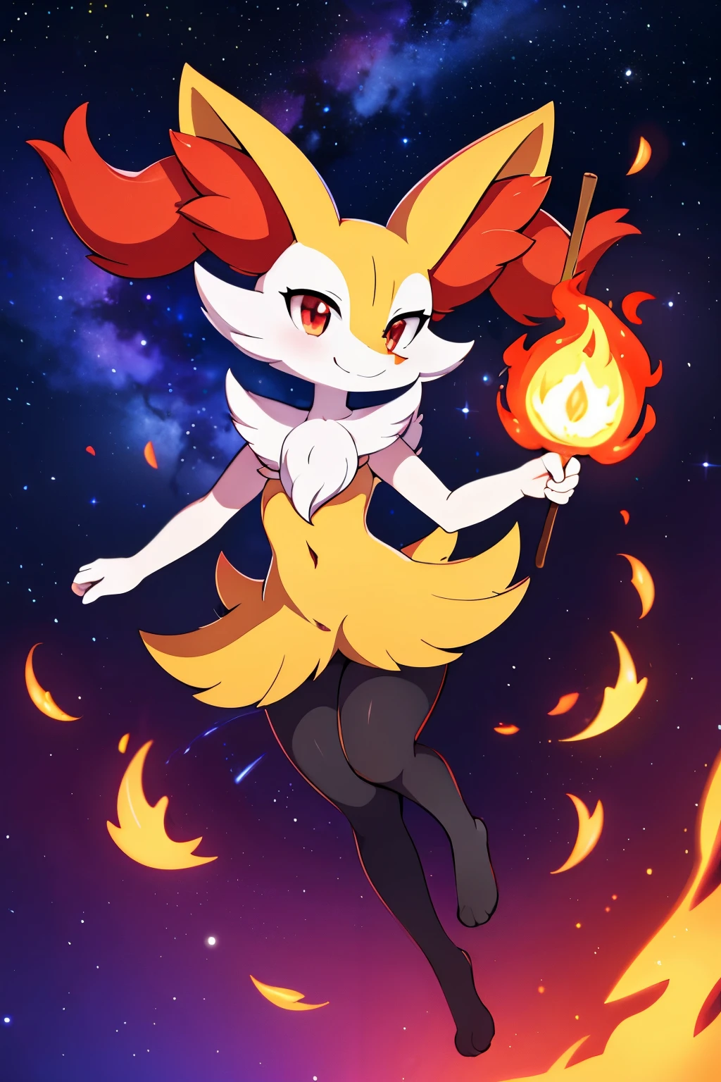 real e621, photorealistic, masterpiece, Braixen_(pokemon), looking at viewer, sharp red eyes, full body portrait, sweet smile, humanoid furry body, sexy, sexy pose, full body, female charm, smiling, nigh sky, brilliant stars and cosmos, magic stick on right hand, conjuring fire magic, wide smile