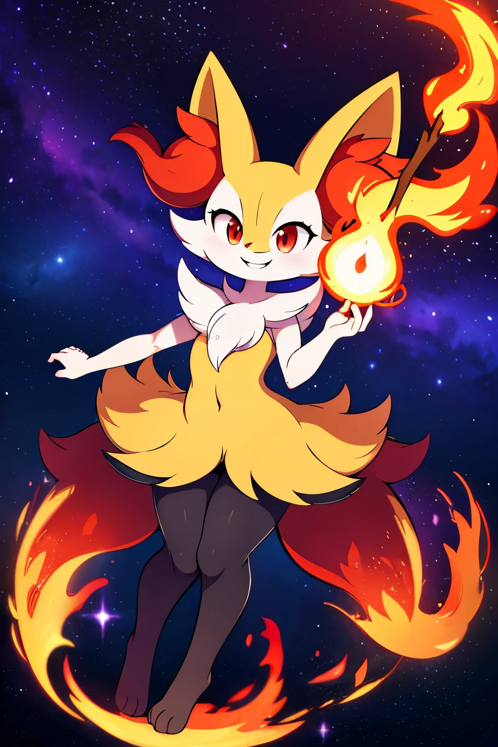 real e621, photorealistic, masterpiece, Braixen_(pokemon), looking at viewer, sharp red eyes, full body portrait, sweet smile, humanoid furry body, sexy, sexy pose, full body, female charm, smiling, nigh sky, brilliant stars and cosmos, magic stick on right hand, conjuring fire magic, wide smile