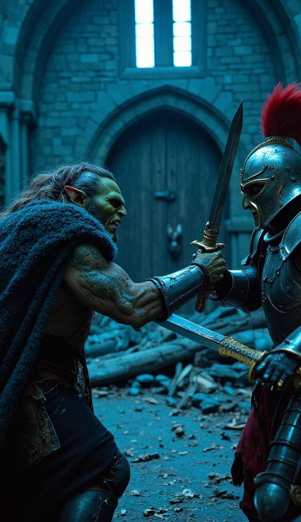 Cinematic shot, Orc fighter, with a fierce expression, sharp facial features, and a distinctive underbite, wearing a helmet with a nose guard, and a cape flowing behind him, with a clasp shaped like a snarling beast, clashing swords with a medieval knight, with a determined look, wearing a suit of armor with a golden trim, and a red plume on his helmet, which is slightly battered and dented, cold cinematic lighting with a blue tint, dark and ominous atmosphere, ruined castle background, with stone walls, broken windows, and a large wooden gate, hanging crookedly from its hinges, Nikon D850, 8k, high quality, bokeh
