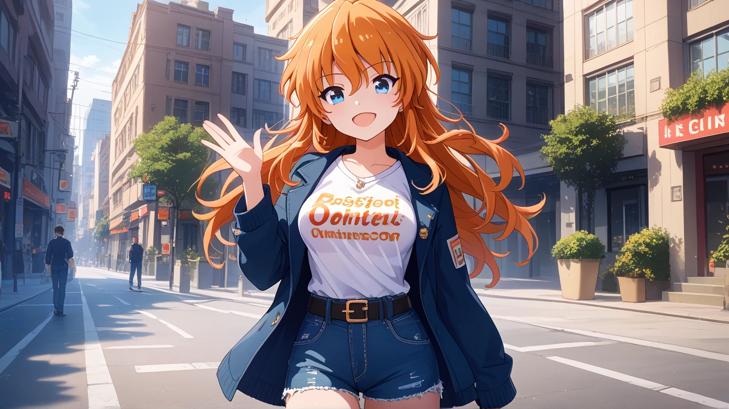 (masterpiece, best quality), highly detailed background, perfect lighting, best quality, batoganozomi, solo, looking at viewer, smile, open mouth, orange hair, hair between eyes, long hair, blue eyes, medium breasts, blue jacket, long sleeves, open jacket, orange shirt, t-shirt, print shirt, black belt, denim shorts, standing, waving, outdoors, Los Angeles (city), road, building,