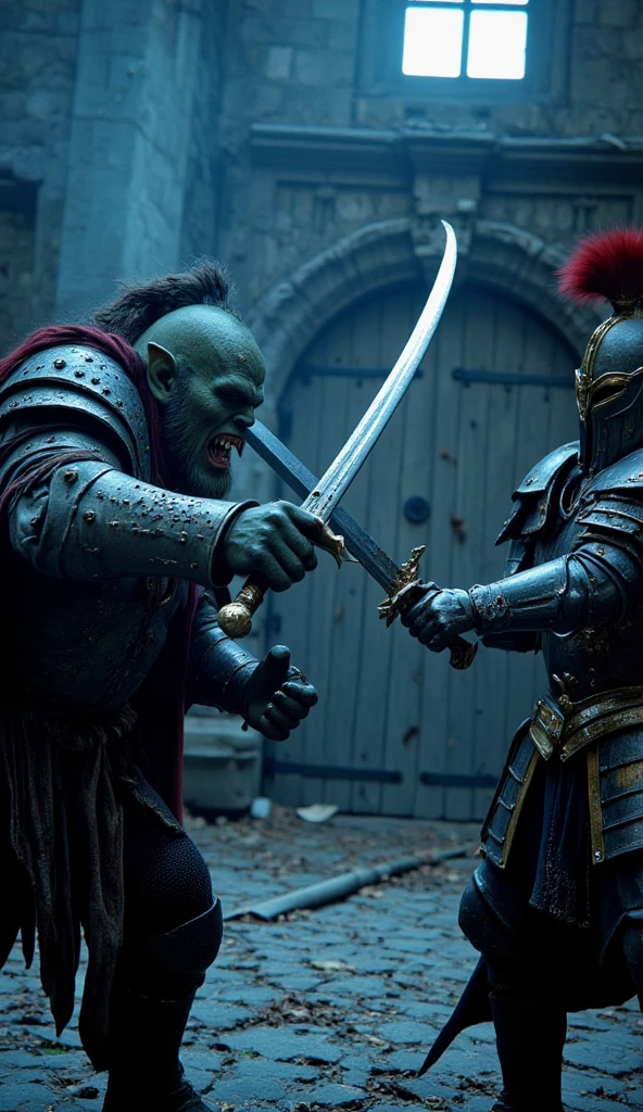 Cinematic shot, Orc fighter, with a fierce expression, sharp facial features, and a distinctive underbite, wearing a helmet with a nose guard, and a cape flowing behind him, with a clasp shaped like a snarling beast, clashing swords with a medieval knight, with a determined look, wearing a suit of armor with a golden trim, and a red plume on his helmet, which is slightly battered and dented, cold cinematic lighting with a blue tint, dark and ominous atmosphere, ruined castle background, with stone walls, broken windows, and a large wooden gate, hanging crookedly from its hinges, Nikon D850, 8k, high quality, bokeh
