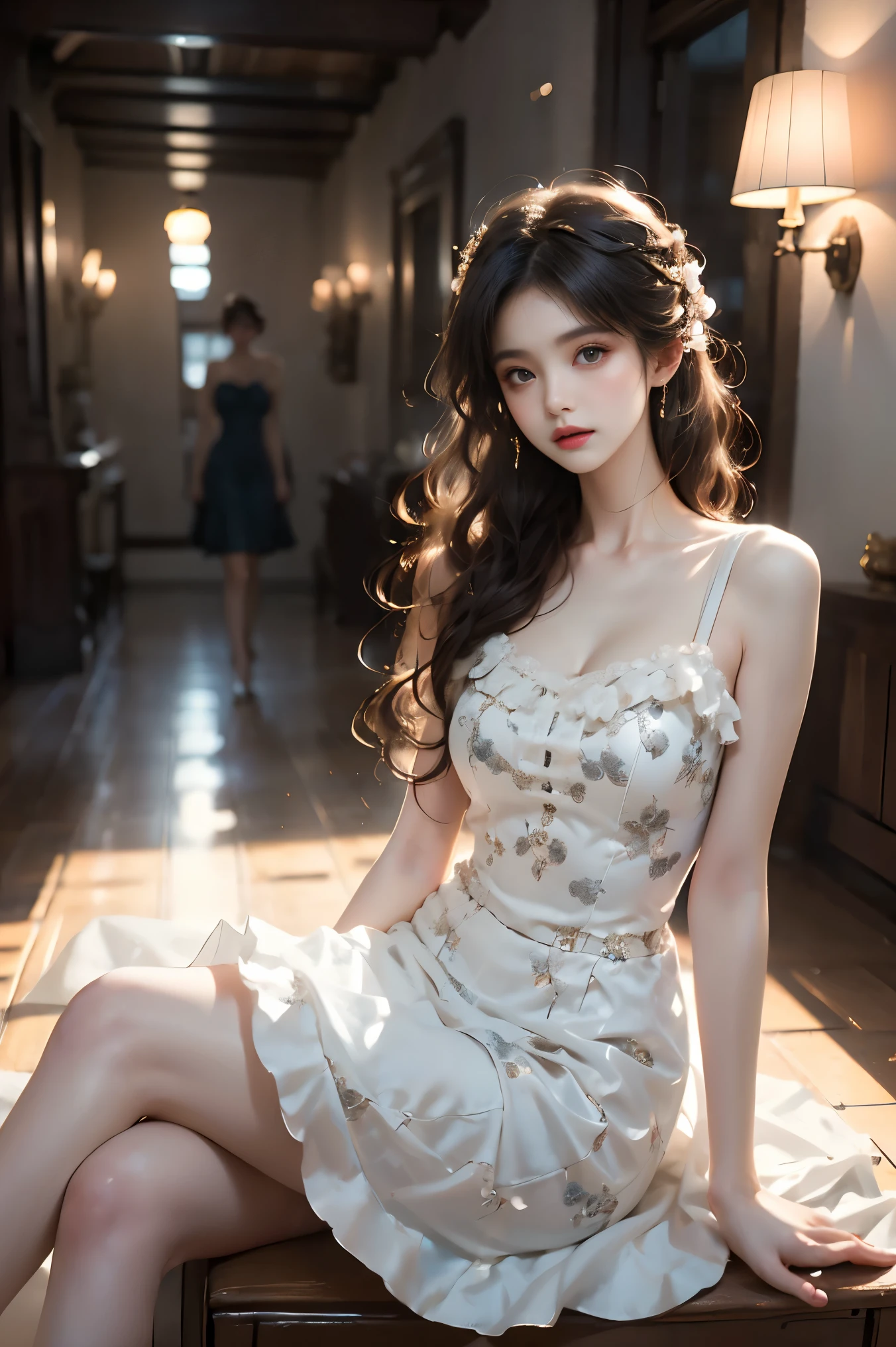 flower_dress (cowboy shot:1.3), photorealistic beautiful woman, fashion model with long legs, (sitting elegantly in hallway:1.2), portico corridor, (crossed legs, ankles gracefully crossed:1.2), (smooth thighs, toned calves:1.2), fashion model, slim athletic figure, (high detailed skin:1.2), (Full breasts, visible cleavage, very short hemlines), soft ambient lighting, cinematic lighting, depth of field, 85mm portrait photography, natural shadows, professional fashion photography, high-end magazine style, high resolution, masterpiece, best quality, intricate details, hyperrealistic