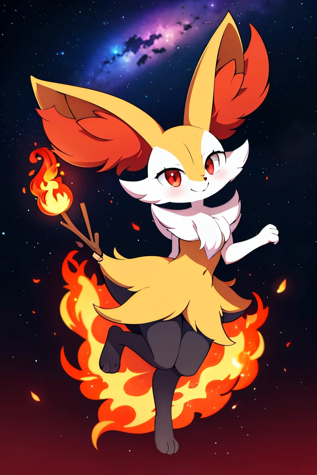 real e621, photorealistic, masterpiece, Braixen_(pokemon), looking at viewer, sharp red eyes, full body portrait, sweet smile, humanoid furry body, sexy, sexy pose, full body, female charm, smiling, nigh sky, brilliant stars and cosmos, magic stick on right hand, conjuring fire magic, wide smile