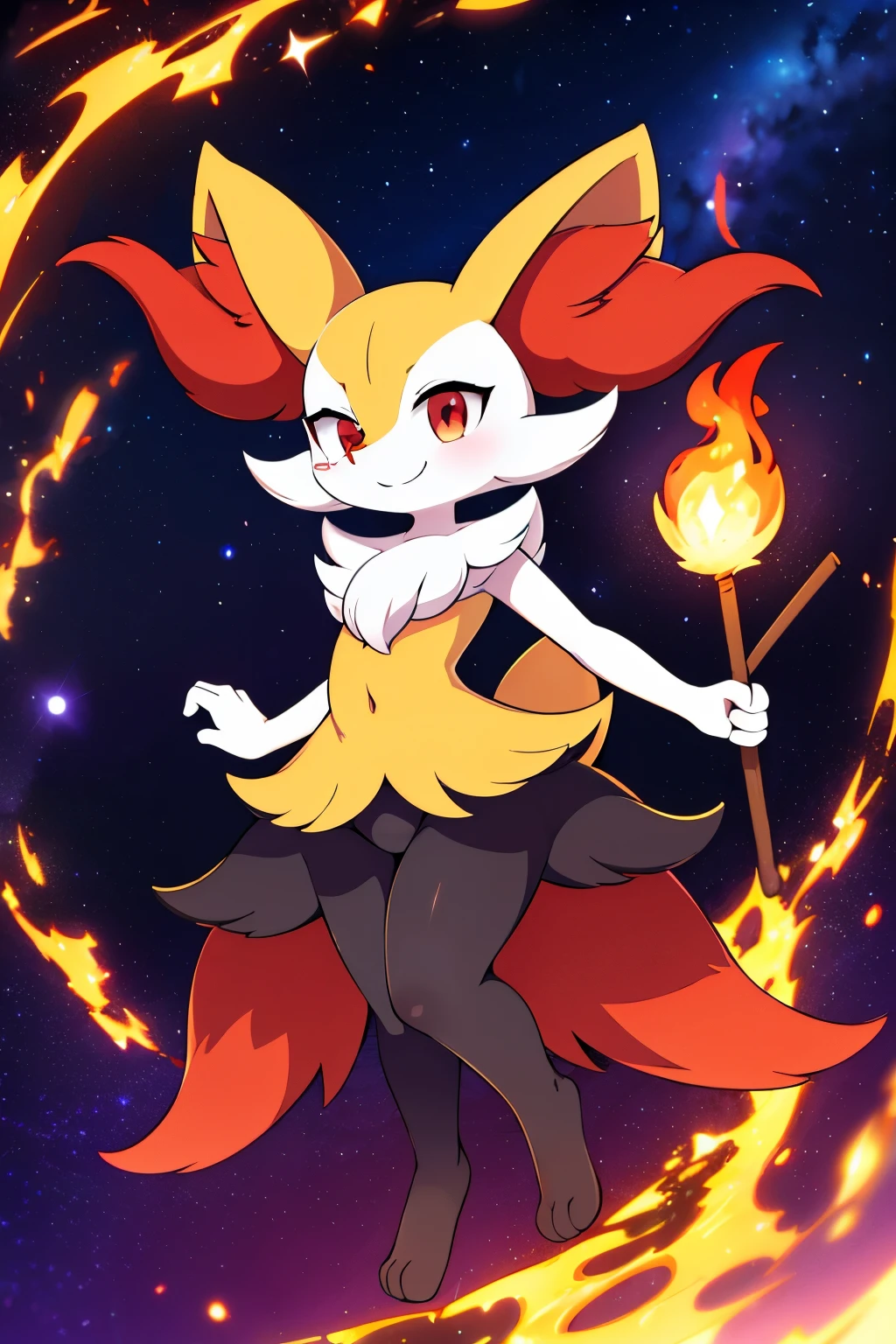 real e621, photorealistic, masterpiece, Braixen_(pokemon), looking at viewer, sharp red eyes, full body portrait, sweet smile, humanoid furry body, sexy, sexy pose, full body, female charm, smiling, nigh sky, brilliant stars and cosmos, magic stick on right hand, conjuring fire magic, wide smile