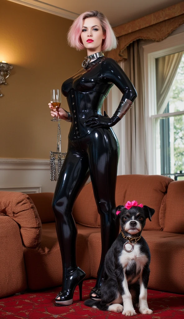 Woman dressed in black latex Catwoman costume, kneeling drinking milk from pet bowl, in the background elegant kitchen 