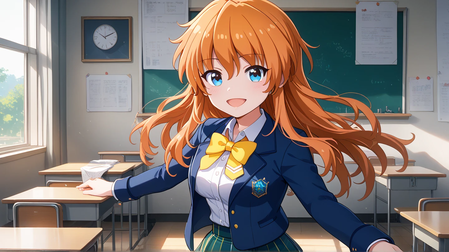 (masterpiece, best quality), highly detailed background, perfect lighting, best quality, batoganozomi, solo, looking at viewer, smile, open mouth, orange hair, hair between eyes, long hair, blue eyes, medium breasts, jewelry, blue jacket, open jacket, blazer, yellow bowtie, sweater vest, white shirt, long sleeves, green skirt, plaid skirt, school uniform, standing, indoors, classroom