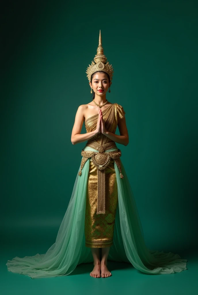 Full shot of a woman in traditional Thai attire. 


The woman is positioned centrally, standing barefoot against a deep teal-green backdrop. She wears intricate traditional Thai costume. The  dress includes a gold-toned, patterned garment that drapes over her body and legs, featuring a noticeable ornate gold and/or silver embellishments around the bodice and waist,  along the skirt/pants line. 


The woman's headpiece is a large, elaborately designed tiara or crown, also in gold tones with intricate patterns. Her arms are bare, and her hands are pressed together in a traditional gesture of respect or prayer.  


The garments feature large, flowing panels of translucent, emerald-green fabric draped around her legs and body, adding to the overall layered, ethereal feel of the costume.


The lighting is dramatic, highlighting the details of the costume and creating a strong contrast between the figure and the background. The overall impression evokes a sense of elegance, grace, and tradition.