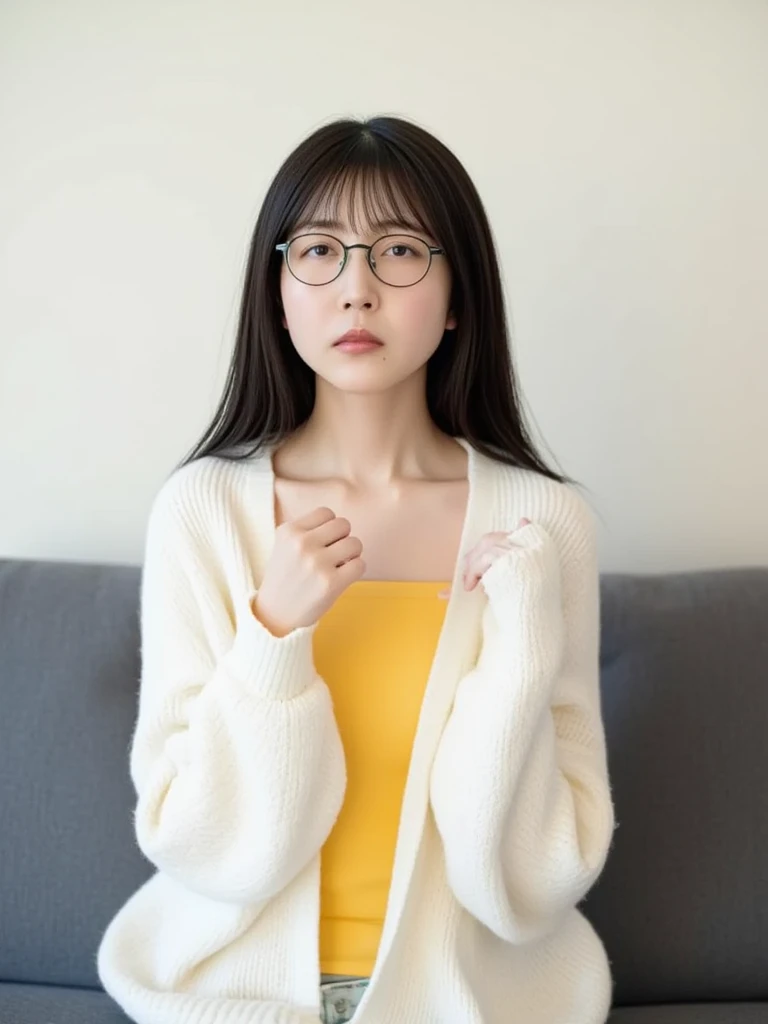 Photograph of a young Asian woman named Kuboshi, with long black hair, wearing round glasses, a yellow top, and a white, textured cardigan. She sits on a gray couch against a plain light wall, exuding a calm and introspective demeanor.saliva,  rough breathing, Laughing/ good laugh,  ahe face, saliva糸引き, I&#39;m worried,  Close Your Eyes and Close Your Face, pain,  long hair, Blonde, 