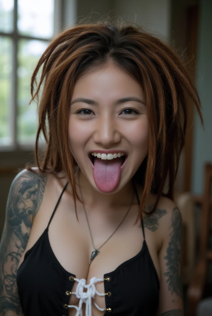 20yo japanese woman, sitting, on floor, nude, freckles, female pubic hair, solo, pubic hair, closed eyes, tattoo, pussy, breasts, hair bun, spread legs, nipples, wooden floor, navel, indoors, hair over breasts, realistic, medium breasts, bangs, lips, makeup, parted lips, completely nude, arm tattoo, clitoris, <lora:Really_Hairy_Women:.8>