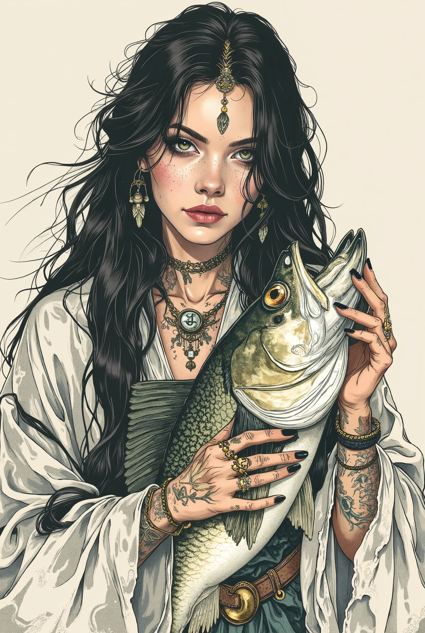   graphic illustration which is a portrait of a goddess worshiped by a fisherman .  She's wearing a white robe  ,  long hair,   jewelry, 、 have tattoos on her arms and hands  . Big catch、Big catch,  Her pretty fingers grab realistic giant fish  ,   has black nails  .  with the most detailed drawing 、