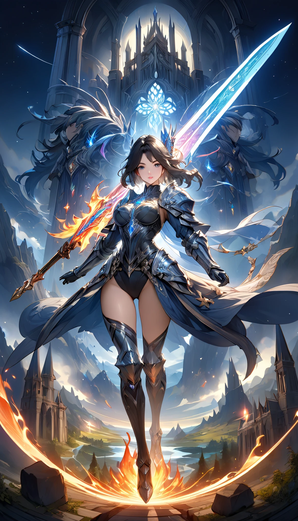 8K resolution, masterpiece, Highest quality, Award-winning works, unrealistic, From above, sole sexy lady, healthy shaped body, 22 years old, Knights of St. John, 165cm tall, huge firm bouncing busts,, black short hair, Break, Mysterious blue eyes, Standard nose, Eyeliner, pink lips, sexy long legs, Clear skin, holy knight, full body metal armor, A holy sword wrapped in flames, royal coat of arms, elegant, Very detailed, Delicate depiction of hair, miniature painting, Digital Painting, artステーション, コンセプトart, Smooth, Sharp focus, shape, artジャム、Greg Rutkowski、Alphonse Mucha、William Adolphe Bouguereau、art:Stephanie Law , Royal Jewel, nature, Symmetric, Greg Rutkowski, Charlie Bowwater, Unreal, Surreal, Dynamic Lighting, ファンタジーart, Complex colors, Colorful magic circle, flash, dynamic sexy poses, A kind smile, Mysterious Background, Aura, A gentle gaze, BREAK, Small faint lights and flying fireflies, night, lanthanum, 山の頂From above下界を見下ろす, Starry Sky, milky way, nebula, shooting star