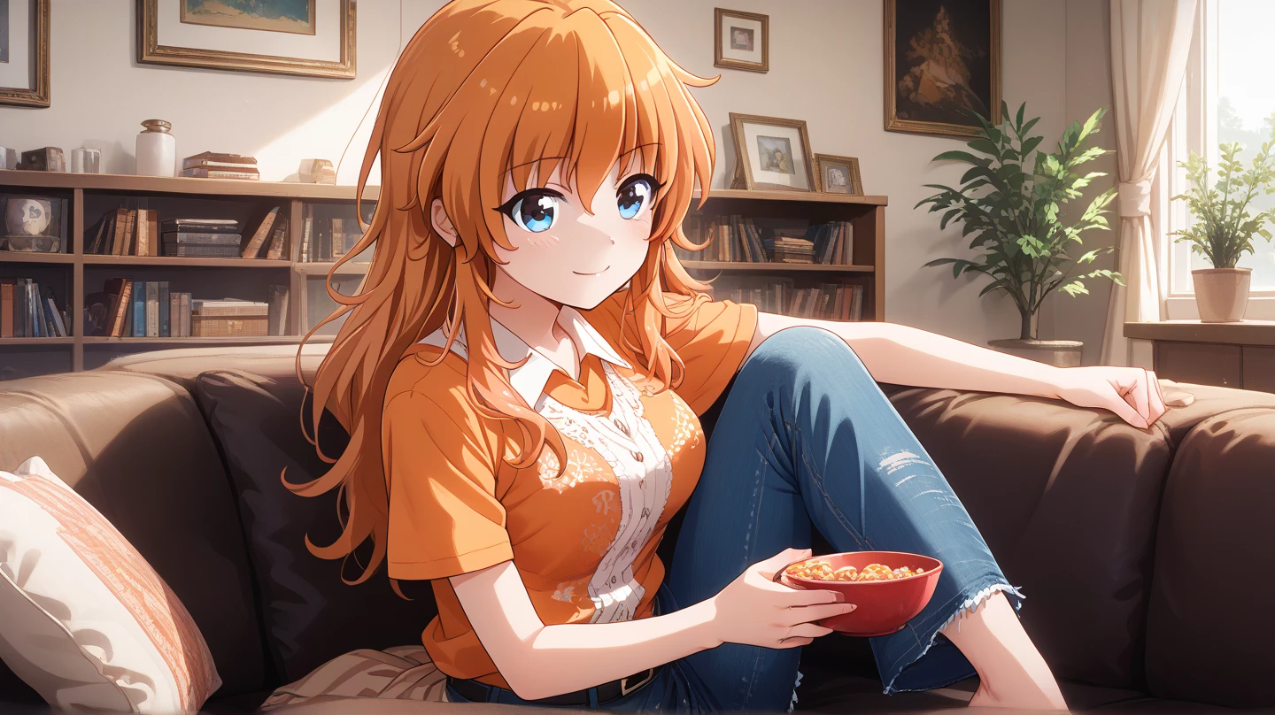 (masterpiece, best quality), highly detailed background, perfect lighting, best quality, batoganozomi, solo, solo focus, smile, closed mouth, orange hair, hair between eyes, long hair, blue eyes, medium breasts, orange shirt, collared shirt, print shirt, black belt, denim skirt, indoors, knitting, sitting, couch, living room