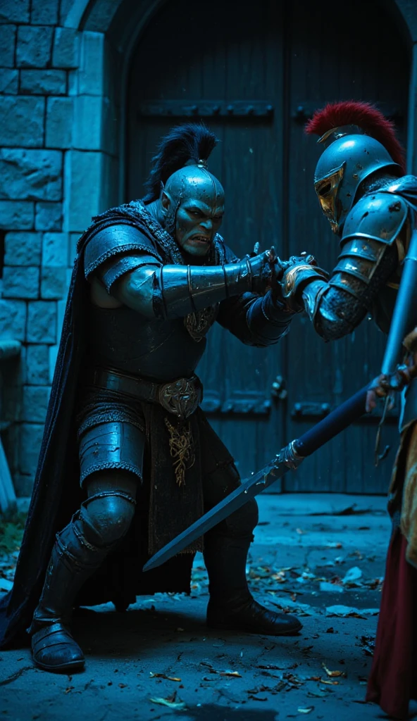 Cinematic shot, Orc fighter, with a fierce expression, sharp facial features, and a distinctive underbite, wearing a helmet with a nose guard, and a cape flowing behind him, with a clasp shaped like a snarling beast, clashing swords with a medieval knight, with a determined look, wearing a suit of armor with a golden trim, and a red plume on his helmet, which is slightly battered and dented, cold cinematic lighting with a blue tint, dark and ominous atmosphere, ruined castle background, with stone walls, broken windows, and a large wooden gate, hanging crookedly from its hinges, Nikon D850, 8k, high quality, bokeh
