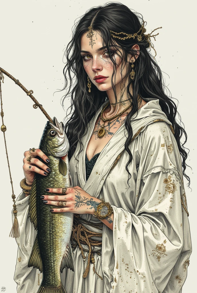   graphic illustration which is a portrait of a goddess worshiped by a fisherman .  She's wearing a white robe  ,  long hair,   jewelry, 、 have tattoos on her arms and hands  . Big catch、Big catch,  Her pretty fingers grab realistic giant fish  ,   has black nails  .  with the most detailed drawing 、