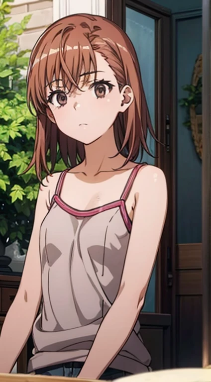 ((masterpiece, highest quality)), miyako, 1 girl, alone, chest, 前hair, jewelry, big_chest, gold hooped earrings, mole, hair_behind_ear, White towel , bathing, Wet, sweating, blush, wearing towel, looking at the viewer, entrance, garden, leaning forward, Upper body, hands to hips, Self snap, strawberry-blonde hair, red eyes