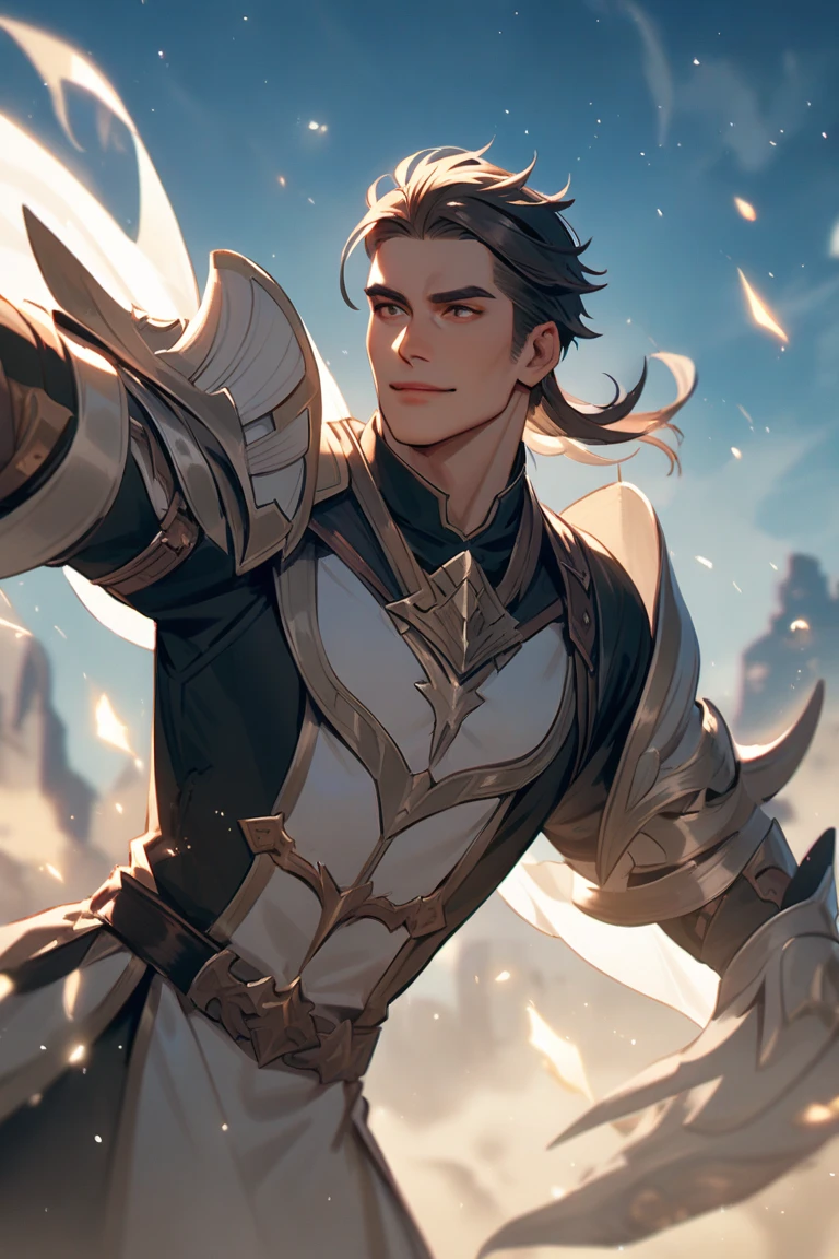 masterpiece,best quality,highres,cinematic lighting,dramatic angle,1boy,mature male,black hair,purple eyes,armor,<lora:ShadowverseRowenV1:0.8> ,reaching out,outstretched hand,spread fingers,smile,smilerowen,teeth,looking at viewer,cowboy shot,portrait,close-up,happy,blue sky,clouds