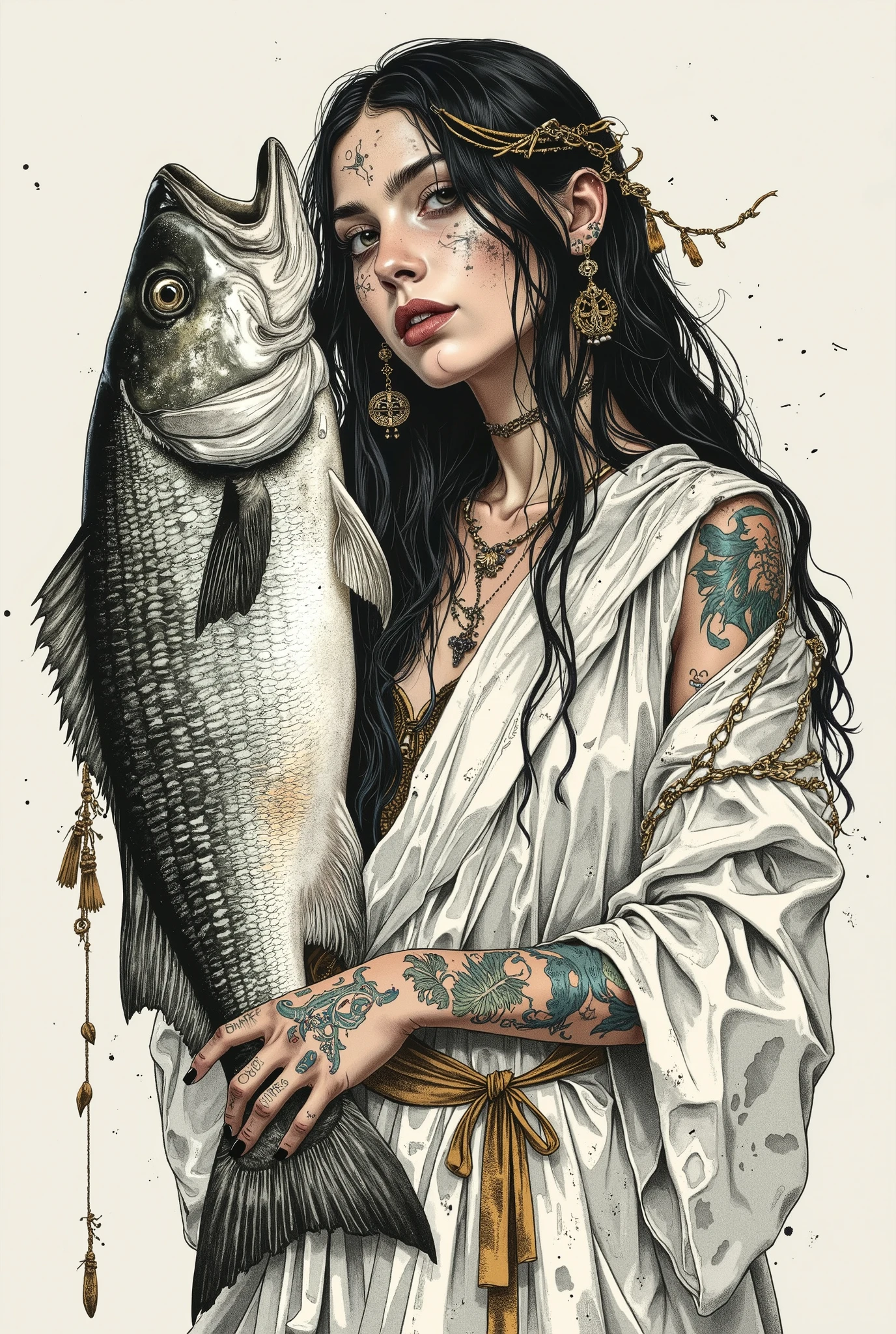   graphic illustration which is a portrait of a goddess worshiped by a fisherman .  She's wearing a white robe  ,  long hair,   jewelry, 、 have tattoos on her arms and hands  . Big catch、Big catch,  Her pretty fingers grab realistic giant fish  ,   has black nails  .  with the most detailed drawing 、