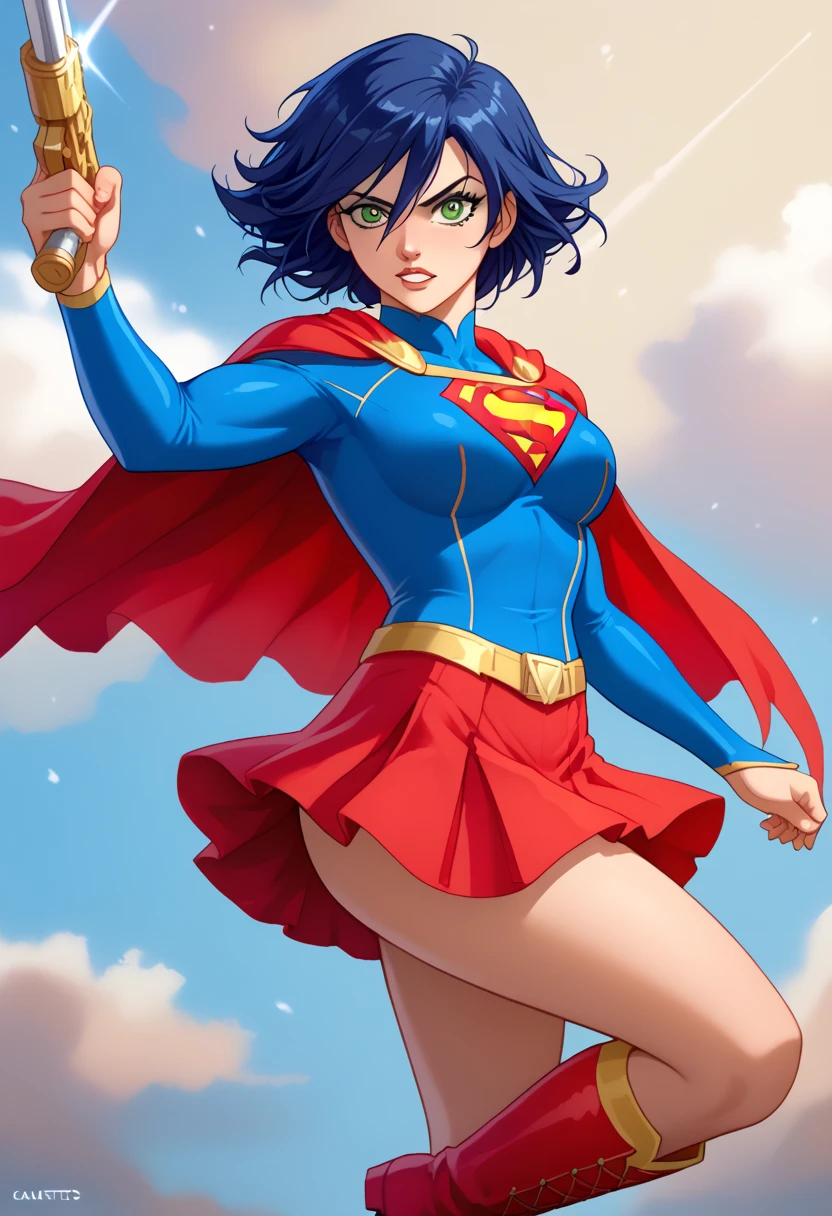 Fabia Sheen, the fierce and determined warrior from "Bakugan," brings a powerful presence to the classic Supergirl costume. The bold blue top, emblazoned with the iconic red and yellow 'S' emblem, perfectly complements her strong, commanding demeanor. Her long navy blue hair flows freely, accentuated by the bright red cape that trails behind her, adding to her dynamic and heroic appearance. The red skirt and red knee-high boots complete the look, emphasizing her athletic, battle-ready physique. Fabia’s expression reflects her usual determination and leadership, blending seamlessly with the empowering essence of Supergirl. Her warrior instincts, combined with the heroic Supergirl persona, create a perfect balance of strength, courage, and compassion. In this transformation, Fabia embodies the role of a fearless protector, ready to defend her allies and face any challenge that comes her way, all while maintaining her regal poise. bakugan, bakugan gundalian invaders, fabia sheen , solo, blue hair, green eyes, hair between eyes, long hairs.